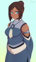Rule 34 | 1girl, avatar legends, bare shoulders, blue background, blue eyes, blush, breasts, brown hair, closed mouth, commentary, darahan, dark-skinned female, dark skin, english commentary, hair bun, hair ornament, korra, looking at viewer, medium hair, signature, simple background, solo, standing, the legend of korra, wide sleeves