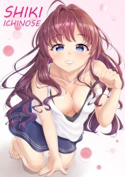 Rule 34 | 1girl, :3, absurdres, ahoge, bad id, bad pixiv id, barefoot, black undershirt, blue eyes, blue skirt, blush, breasts, brown hair, character name, cleavage, collarbone, commentary request, highres, ichinose shiki, idolmaster, idolmaster cinderella girls, idolmaster cinderella girls starlight stage, kneeling, large breasts, leaning forward, long hair, pink background, shirt, single bare shoulder, skirt, solo, strap pull, tks-nb (iorin-rinn), undressing, very long hair, white shirt