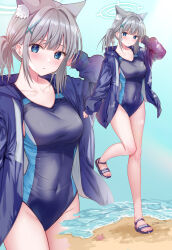 Rule 34 | 1girl, absurdres, animal ear fluff, animal ears, arm behind head, beach, black one-piece swimsuit, blue archive, blue eyes, blue footwear, blue jacket, breasts, collarbone, commentary request, covered navel, extra ears, grey hair, hair ornament, halo, hand up, highres, jacket, long hair, long sleeves, looking at viewer, medium breasts, official alternate costume, one-piece swimsuit, open clothes, open jacket, parted lips, puffy long sleeves, puffy sleeves, sand, sandals, shiroko (blue archive), shiroko (swimsuit) (blue archive), signature, solo, sousouman, standing, standing on one leg, starfish, swimsuit, water, wolf ears, zoom layer