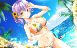 Rule 34 | 1girl, arm up, bare shoulders, beach, bikini, blue eyes, blue sky, blush, bow, bra, breasts, chestnut mouth, cleavage, cloud, collarbone, commentary request, dated, day, floral print, flower, girlfriend (kari), glint, groin, hair flower, hair ornament, highres, large breasts, light rays, long hair, looking at viewer, masa (mirage77), murakami fumio, navel, ocean, outdoors, parted lips, partial commentary, print bikini, purple hair, raised eyebrows, rock, sky, solo, standing, sunbeam, sunflower, sunlight, swimsuit, thighs, tree, underwear, wallpaper, water, water drop, waves, wet, wet clothes, wet swimsuit, white bikini, yellow bow