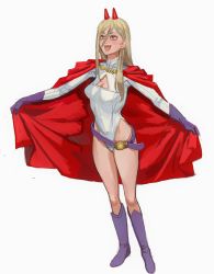Rule 34 | 1girl, absurdres, belt, blonde hair, boots, breasts, cape, chainsaw man, cleavage cutout, clothing cutout, cosplay, dc comics, full body, gloves, highleg, highleg leotard, highres, holding, holding cape, holding clothes, horns, leotard, long hair, medium breasts, mossacannibalis, name connection, open mouth, power (chainsaw man), power girl, power girl (cosplay), red cape, red horns, sharp teeth, smile, solo, standing, superhero costume, teeth, utility belt