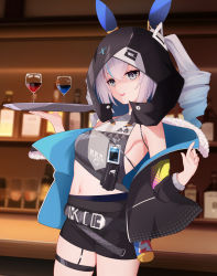Rule 34 | 1girl, absurdres, bar (place), belt, black jacket, black shorts, blue hair, blurry, blurry background, bottle, breasts, bronya zaychik, bronya zaychik (haxxor bunny), cowboy shot, crop top, cup, drill hair, drinking glass, fur-trimmed jacket, fur trim, gradient hair, grey eyes, grey hair, highres, holding, holding tray, honkai (series), honkai impact 3rd, hood, hood up, indoors, jacket, long sleeves, looking at viewer, multicolored hair, navel, off shoulder, open mouth, shorts, small breasts, smile, solo, steodg, teeth, thigh strap, tray, twin drills, twintails, upper teeth only