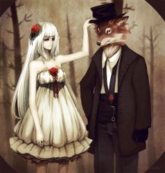 Rule 34 | 1boy, 1girl, albino, bare shoulders, black gloves, buttons, crest, dress, flower, forest, formal, furry, furry male, gloves, goth fashion, gothic lolita, hachiyuki, hair flower, hair ornament, hand on headwear, hat, jewelry, lace, lolita fashion, long hair, nature, necktie, original, pale skin, pants, pocket watch, red eyes, red flower, red rose, ribbon, ring, rose, sepia, smile, standing, suit, top hat, watch, white hair, wolf, yellow eyes