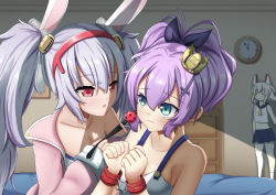 Rule 34 | 3girls, animal ears, ayanami (azur lane), azur lane, bad id, bad pixiv id, ball gag, bdsm, blonde hair, blush, bound, bound wrists, breasts, camisole, caught, commentary request, crop top, cross hair ornament, crown, eronadarkness, gag, gagging, green eyes, hair between eyes, hair ornament, hair ribbon, hairband, headgear, highres, indoors, jacket, javelin (azur lane), laffey (azur lane), light purple hair, long hair, looking at another, midriff, mini crown, multiple girls, navel, nervous, off shoulder, open mouth, pink jacket, ponytail, purple hair, purple ribbon, rabbit ears, red eyes, red hairband, ribbon, school uniform, serafuku, silver hair, small breasts, twintails, upper body, very long hair, wavy mouth, white camisole, wiffle gag, yuri