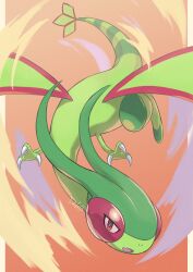 Rule 34 | bright pupils, claws, commentary request, creatures (company), dusk poke27, fang, flygon, flying, game freak, gen 3 pokemon, highres, nintendo, no humans, open mouth, orange background, pokemon, pokemon (creature), skin fang, smile, solo