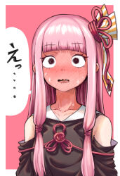 Rule 34 | 1girl, absurdres, black eyes, blunt bangs, blush, border, collarbone, collared dress, commentary request, detached sleeves, dress, embarrassed, fang, flower knot, full-face blush, hair ribbon, highres, kotonoha akane, long hair, looking at viewer, mashima jirou, open mouth, outside border, pink background, pink hair, red ribbon, ribbon, sidelocks, simple background, sleeveless, sleeveless dress, solo, sweat, upper body, voiceroid, wavy mouth, white border, wide-eyed
