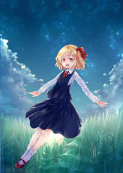 Rule 34 | 1girl, absurdres, blonde hair, cloud, day, fang, flying, hair ribbon, highres, mary janes, murani, necktie, outstretched arms, red eyes, ribbon, rumia, shoes, short hair, smile, socks, solo, star (sky), touhou, tree