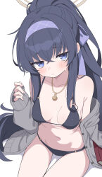 Rule 34 | 1girl, absurdres, bikini, black bikini, black hair, blue archive, blue eyes, blue hairband, blush, breasts, closed mouth, collarbone, cowboy shot, grey jacket, hair between eyes, hairband, halo, highres, hiroikara (smhong04), jacket, long hair, long sleeves, navel, official alternate costume, open clothes, open jacket, ponytail, simple background, small breasts, solo, stinky, swimsuit, ui (blue archive), ui (swimsuit) (blue archive), white background