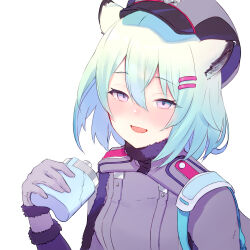 Rule 34 | 1girl, absurdres, animal ears, blue archive, blush, cape, epaulettes, fur-trimmed gloves, fur trim, gloves, green hair, grey cape, grey gloves, grey hat, hair between eyes, hair ornament, hairclip, hat, highres, looking at viewer, military, military hat, military uniform, parted lips, pink eyes, shigure (blue archive), short hair, simple background, smile, solo, uniform, upper body, white background, yata mawari