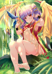 Rule 34 | 1girl, animal, bare legs, barefoot, bird, blush, breasts, day, dragon girl, dragon wings, dress, fire emblem, fire emblem: the sacred stones, highres, long hair, looking at viewer, myrrh (fire emblem), nintendo, outdoors, purple hair, red dress, red eyes, sitting, small breasts, soaking feet, soles, solo, toes, two side up, wet, wings, wristband, xephonia