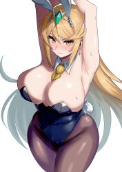 Rule 34 | 1girl, absurdres, animal ears, armpit crease, armpits, blonde hair, blush, breasts, chest jewel, cleavage, curvy, detached collar, earrings, fake animal ears, headpiece, highres, jewelry, large breasts, leotard, long hair, looking at viewer, mythra (xenoblade), pantyhose, playboy bunny, rabbit ears, solo, strapless, strapless leotard, sweat, sweatdrop, swept bangs, tiara, very long hair, wide hips, xenoblade chronicles (series), xenoblade chronicles 2, yamada hatsune, yellow eyes
