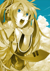 Rule 34 | bad id, bad pixiv id, blue eyes, cloud, hatsune miku, i (kaiyou), long hair, necktie, shouting, sky, solo, twintails, vocaloid