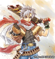 Rule 34 | 1boy, belt, closed mouth, coat, commentary request, fringe trim, gloves, gun, jet enduro, link (aa30), looking at viewer, male focus, scarf, solo, weapon, white hair, wild arms, wild arms 3
