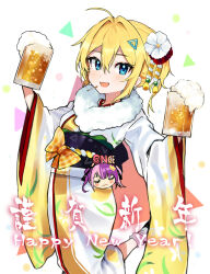 Rule 34 | alcohol, beer, beer mug, blonde hair, blue eyes, cigarette, cup, foam, fur collar, hair ornament, happy new year, holding, holding cup, indie virtual youtuber, japanese clothes, kimono, leg up, looking at viewer, mug, new year, obi, open mouth, pinch (nesume), sash, simple background, virtual youtuber, wide sleeves, yamada sora