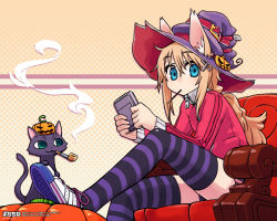Rule 34 | 1girl, animal, animal ears, aqua eyes, armchair, cat, chair, chan co, ears through headwear, food, halftone, halftone background, halloween, hat, jack-o&#039;-lantern, kiseru, legs, long hair, looking at viewer, mouth hold, orange hair, original, pink thighhighs, playing games, pocky, pumpkin, shoes, sitting, smoking, smoking pipe, solo, striped clothes, striped thighhighs, thighhighs, video game, wallpaper, witch hat, zettai ryouiki
