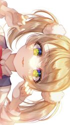 Rule 34 | 1girl, blonde hair, bow, bowtie, close-up, collared shirt, commentary, gradient eyes, green eyes, hair ornament, hands up, highres, indie virtual youtuber, long sleeves, looking at viewer, multicolored eyes, pinapo 25, pom pom (clothes), pom pom hair ornament, red bow, red bowtie, shigure ui (vtuber), shigure ui (vtuber) (young), shirt, shukusei!! loli-gami requiem, sideways, simple background, solo, tongue, tongue out, twintails, upper body, virtual youtuber, white background, white shirt