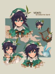 Rule 34 | 1boy, :p, androgynous, beret, black hair, blue hair, bow, braid, brooch, cape, character name, collared cape, collared shirt, english text, flower, frilled sleeves, frills, gem, genshin impact, gradient hair, green eyes, green hat, hat, hat flower, instrument, jewelry, leaf, long sleeves, looking at viewer, lyre, male focus, multicolored hair, open mouth, ribbon, risukaede, seelie (genshin impact), shirt, short hair with long locks, simple background, smile, solo, tongue, tongue out, twin braids, venti (genshin impact), white flower, white shirt