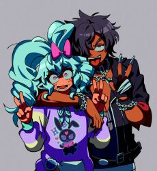 Rule 34 | 1boy, 1girl, :d, animal print, arm over head, black hair, black jacket, blue hair, bow, chain necklace, claw ring, dark-skinned male, dark skin, double v, drill hair, fingerless gloves, gloves, grey background, hair between eyes, hair bow, hair over one eye, hands up, highres, hood, hoodie, idol land pripara, jacket, jewelry, katasumi amari, lau (laustar30), long hair, long sleeves, looking at viewer, mario (pripara), necklace, nervous, nervous smile, nervous sweating, open mouth, pink bow, pretty series, pripara, purple hoodie, red eyes, short hair, simple background, smile, standing, sweat, tongue, tongue out, twin drills, twintails, upper body, v, very long hair, wristband