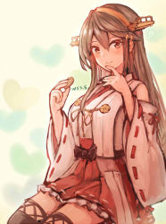 Rule 34 | 1girl, artist name, black hair, boots, commentary request, cookie, cowboy shot, detached sleeves, food, hair ornament, hairband, hairclip, haruna (kancolle), japanese clothes, kantai collection, long hair, looking at viewer, pleated skirt, red skirt, ribbon-trimmed sleeves, ribbon trim, sitting, skirt, solo, thigh boots, thighhighs, wss (nicoseiga19993411)