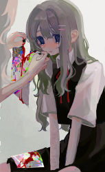 Rule 34 | 1girl, absurdres, arm support, black vest, blood, blue eyes, blush, collared shirt, commentary request, crying, dress shirt, film grain, glitch, green hair, hair between eyes, hair ornament, hairclip, highres, long hair, neck ribbon, no pupils, original, parted lips, red ribbon, ribbon, ripping, scar, scar on arm, school uniform, shirt, short sleeves, sitting, tears, tknlita, v-neck, vest, wavy hair, white hair, white shirt, wing collar, wrist cutting