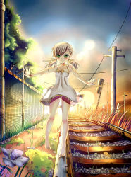 Rule 34 | 1girl, 7lark, absurdres, bare legs, barefoot, bow, casual, collarbone, dress, green eyes, hair bow, hair ornament, hair ribbon, highres, light brown hair, original, outstretched arms, railroad tracks, ribbon, smile, solo, spread arms, twilight, twintails, white dress
