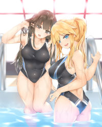 Rule 34 | 2girls, :d, arm up, armpits, ass, bababababan, backlighting, bare shoulders, black one-piece swimsuit, blonde hair, blue eyes, blush, breasts, brown eyes, brown hair, collarbone, commentary request, competition swimsuit, covered navel, eyes visible through hair, fang, hand in own hair, highres, indoors, large breasts, long hair, looking at viewer, medium breasts, multiple girls, one-piece swimsuit, open mouth, original, ponytail, pool, pool ladder, smile, standing, swimsuit, thighs, very long hair, wading, water