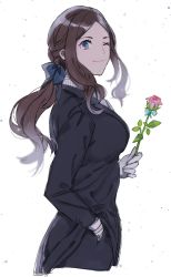 Rule 34 | 1girl, alternate costume, alternate hairstyle, blue eyes, bow hairband, breasts, brown hair, coattails, fate/grand order, fate (series), flower, formal, from side, gloves, hairband, hand in pocket, holding, holding flower, large breasts, leonardo da vinci (fate), one eye closed, ponytail, sidelocks, solo, suit, wani (mezo)