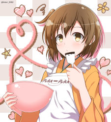 Rule 34 | 1girl, apron, blush, bowl, brown eyes, brown hair, checkered background, chocolate, closed mouth, commentary request, hair between eyes, heart, highres, hiryuu (kancolle), holding, holding bowl, japanese clothes, kamishiro (rsg10679), kantai collection, kimono, long sleeves, one side up, puka puka, solo, spatula, star (symbol), twitter username, valentine, white apron, wide sleeves, yellow kimono
