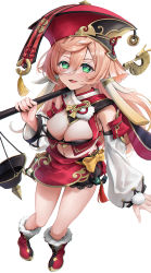 Rule 34 | 1girl, absurdres, boots, breasts, cleavage, detached sleeves, elocca, genshin impact, green eyes, hair between eyes, hat, highres, holding, holding staff, long hair, looking at viewer, medium breasts, midriff, navel, open mouth, pink hair, red footwear, red hat, red skirt, simple background, skirt, smile, solo, staff, thighs, white background, white sleeves, yanfei (genshin impact)