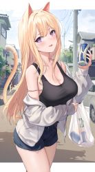 Rule 34 | 1girl, absurdres, animal ears, bag, black tank top, blonde hair, blush, bra, bra peek, bra strap, breasts, can, car, cat ears, cat girl, cat tail, cleavage, commentary, cowboy shot, denim, denim shorts, emyo, english commentary, highres, holding, holding bag, holding can, hood, hoodie, house, jacket, large breasts, letterboxed, long hair, long sleeves, looking at viewer, mole, mole under eye, motor vehicle, off shoulder, open clothes, open jacket, original, outdoors, parted lips, plastic bag, purple eyes, short shorts, shorts, smile, solo, strap slip, sweat, tail, tank top, underwear, very long hair, white jacket