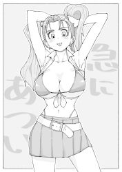 Rule 34 | 1girl, absurdres, armpits, belt, breasts, cleavage, dragon quest, dragon quest viii, earrings, hands up, highres, jessica albert, jewelry, large breasts, looking at viewer, monochrome, pesshio (to menero), skirt, solo, tongue, tongue out, twintails