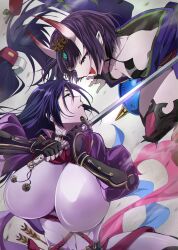 Rule 34 | 2girls, absurdres, arrow (projectile), bob cut, bodysuit, breasts, fang, fate/grand order, fate (series), fighting, fingerless gloves, gloves, highres, holding, holding sword, holding weapon, horns, japanese clothes, katana, kimono, large breasts, long hair, long sleeves, low-tied long hair, minamoto no raikou (fate), multiple girls, pointy ears, purple bodysuit, purple kimono, shuten douji (fate), small breasts, sword, toyosu, weapon