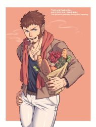 Rule 34 | 1boy, alternate costume, alternate hairstyle, bad id, bad twitter id, baguette, bare pectorals, black tank top, blue eyes, bouquet, bread, brown hair, brown jacket, casual, cigarette, collarbone, contemporary, cross scar, facial hair, fate/grand order, fate (series), flower, food, goatee, hand on own hip, highres, jacket, long sideburns, long sleeves, looking at viewer, male focus, napoleon bonaparte (fate), open clothes, open jacket, pants, pectoral cleavage, pectorals, red scarf, scar, scar on chest, scarf, short hair, sideburns, simple background, smoking, solo, tank top, thighs, toned, toned male, white pants, yaekaidou