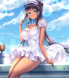 Rule 34 | 1girl, ass, bad id, bad pixiv id, bare legs, black hair, blush, breasts, cleavage, dress, hairband, large breasts, lolita hairband, long hair, looking at viewer, original, ponytail korosuke, puffy short sleeves, puffy sleeves, short sleeves, sitting, solo, thighs, two side up, white dress