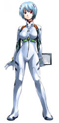 Rule 34 | 1girl, ayanami rei, blue hair, bodysuit, bracer, breasts, clipboard, collarbone, expressionless, full body, gloves, hair ornament, holding, impossible clothes, interface headset, kurose kousuke, legs apart, looking at viewer, neon genesis evangelion, paper, pilot suit, plugsuit, red eyes, short hair, simple background, solo, standing, turtleneck, white background