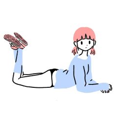 Rule 34 | 1girl, ass, black panties, blue shirt, blue socks, blunt bangs, crossed legs, expressionless, flat color, full body, jpeg artifacts, legs up, limited palette, long sleeves, looking at viewer, lying, on stomach, original, panties, pink footwear, pink hair, shirt, shoes, short hair, simple background, sleeves past wrists, socks, solo, twintails, underwear, white background, yuna s illust