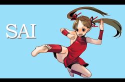 Rule 34 | 1girl, action, barefoot, blue background, brown hair, china dress, chinese clothes, dress, feet, jumping, kicking, konno haru, letterboxed, long hair, open mouth, original, solo, twintails, vambraces