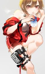 Rule 34 | 1girl, arm support, black bra, boots, bottle, bra, brown hair, caracoro, cowboy shot, drinking, earphones, grey background, holding, holding bottle, jacket, knee up, leaning forward, lipstick, looking at viewer, makeup, meiko (vocaloid), microphone, miniskirt, nail polish, off-shoulder jacket, off shoulder, pocari sweat, red eyes, red jacket, red nails, red skirt, short hair, signature, skirt, solo, sparkle, thigh strap, underwear, vocaloid, water bottle, wrist cuffs
