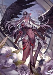 Rule 34 | 1girl, angel, angel wings, animal ears, armor, black wings, breasts, cat ears, closed mouth, crop top, expressionless, feathered wings, flower, hair between eyes, highres, holding, holding sword, holding weapon, long hair, looking at viewer, medium breasts, navel, okuma mai, original, outdoors, pelvic curtain, rose, sidelocks, solo, standing, stomach, sword, toned, very long hair, weapon, white flower, white hair, white rose, wings, yellow eyes