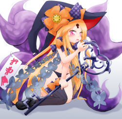 Rule 34 | 1girl, abigail williams (fate), anbee (arary), black footwear, black hair, black panties, black thighhighs, blonde hair, blush, bow, fang, fate/grand order, fate (series), female focus, full body, hand up, happy, hat, hat bow, highres, holding, japanese text, key, keyhole, kneeling, long hair, looking at viewer, navel, open mouth, orange bow, panties, pink eyes, purple bow, raised eyebrow, revealing clothes, see-through, shoes, sign, simple background, single thighhigh, smile, solo, thighhighs, translation request, underwear, very long hair, white background, witch hat