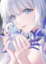 Rule 34 | 1girl, azur lane, blue flower, blue nails, breasts, china dress, chinese clothes, cleavage, closed mouth, commentary request, dress, flower, hair flower, hair ornament, hands up, haneru, highres, holding snowman, illustrious (azur lane), illustrious (maiden lily&#039;s radiance) (azur lane), lips, long hair, looking at viewer, medium breasts, nail polish, official alternate costume, pink nails, signature, snowman, solo, white dress, white hair, yellow nails