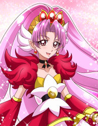 Rule 34 | 1girl, akagi towa, belt, choker, cowboy shot, cure scarlet, detached sleeves, earrings, go! princess precure, hanzou, jewelry, long hair, magical girl, pink background, pink hair, pink theme, pointy ears, precure, red eyes, red skirt, skirt, smile, solo, sparkle, tiara
