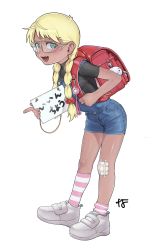 Rule 34 | 1girl, aqua eyes, backpack, bag, black shirt, blue overalls, blush, braid, full body, glasses, highres, long hair, looking at viewer, nanja, open mouth, original, overall shorts, overalls, randoseru, red bag, shadow, shirt, shoes, short sleeves, simple background, socks, solo, standing, striped clothes, striped socks, twin braids, white background, white footwear