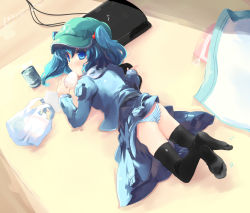 Rule 34 | 1girl, ass, black thighhighs, blue eyes, blue hair, contemporary, eating, female focus, game console, hat, kawashiro nitori, lying, matching hair/eyes, on stomach, panties, pantyshot, playing games, playstation 3, shin (new), short hair, solo, striped clothes, striped panties, the pose, thighhighs, touhou, twintails, two side up, underwear