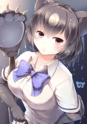 Rule 34 | 10s, 1girl, absurdres, bear paw, blush, bow, bowtie, brown bear (kemono friends), brown hair, claws, collared shirt, commentary request, elbow gloves, fingerless gloves, gloves, highres, japari symbol, kanzakietc, kemono friends, multicolored hair, paw stick, shirt, short hair, short sleeves, solo, upper body, water drop, weapon, wet, white hair