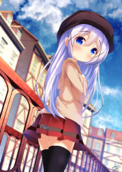 Rule 34 | 1girl, ass, black thighhighs, blue eyes, blue sky, blurry, blurry background, blush, brown hat, brown jacket, building, cabbie hat, chinomaron, closed mouth, cloud, commentary request, day, depth of field, from below, gochuumon wa usagi desu ka?, hair between eyes, hand up, hat, highres, hood, hood down, hooded jacket, jacket, kafuu chino, long hair, long sleeves, looking at viewer, looking back, looking down, outdoors, panties, pleated skirt, purple hair, railing, red skirt, see-through, signature, skirt, sky, solo, striped clothes, striped panties, sweat, thighhighs, twitter username, underwear, very long hair