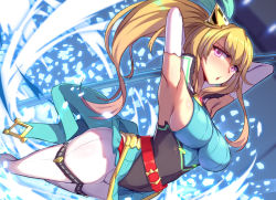 Rule 34 | 1girl, armpits, arms behind head, arms up, belt, blonde hair, breasts, detached sleeves, dragalia lost, elisanne, hair ornament, impossible clothes, lao meng, large breasts, long hair, looking at viewer, nintendo, open mouth, polearm, ponytail, purple eyes, sideboob, solo, spear, weapon, white legwear