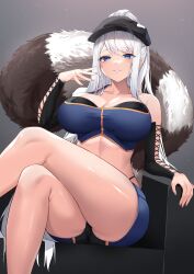 Rule 34 | 1girl, absurdres, bare legs, bare shoulders, blue eyes, breasts, cameltoe, character request, cleavage, collarbone, commission, copyright request, crop top, cross-laced clothes, cross-laced sleeves, crossed legs, deogho (liujinzy9854), detached sleeves, gradient background, grin, halterneck, highres, large breasts, long hair, looking at viewer, midriff, panty straps, short shorts, shorts, simple background, smile, solo, swept bangs, very long hair, visor cap, white hair