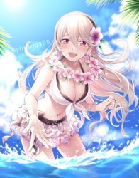 Rule 34 | 1girl, bikini, black ribbon, blonde hair, blue sky, blush, bracelet, breasts, cleavage, cloud, corrin (female) (fire emblem), corrin (female) (summer) (fire emblem), corrin (fire emblem), day, fire emblem, fire emblem fates, fire emblem heroes, flower, hair flower, hair ornament, hairband, hiyori (rindou66), jewelry, large breasts, long hair, navel, nintendo, official alternate costume, open mouth, pointy ears, red eyes, ribbon, sky, slit pupils, solo, standing, swimsuit, twitter username, wading, water, wreath