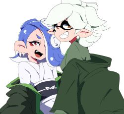 Rule 34 | 2girls, blue hair, bow-shaped hair, chicken-rib, earrings, hair over one eye, highres, inkling, jewelry, looking at viewer, marie (splatoon), medium hair, mole, mole under eye, multiple girls, nintendo, octoling, open mouth, pointy ears, red eyes, shiver (splatoon), simple background, smile, splatoon (series), star-shaped pupils, star (symbol), symbol-shaped pupils, teeth, tentacle hair, thick eyebrows, tooth earrings, white background, white hair, yellow eyes, yellow pupils